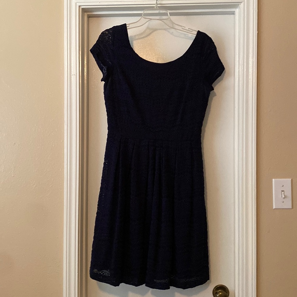 Leslie Fay navy blue dress lace overlay with full navy slip; good condition